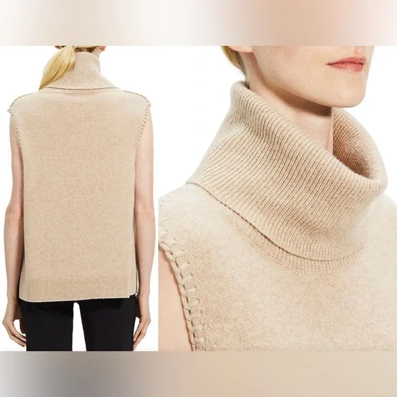 Theory 100% Cashmere Tan Cowl Turtleneck Vest Sweater Sleeveless Top, S - Picture 4 of 16